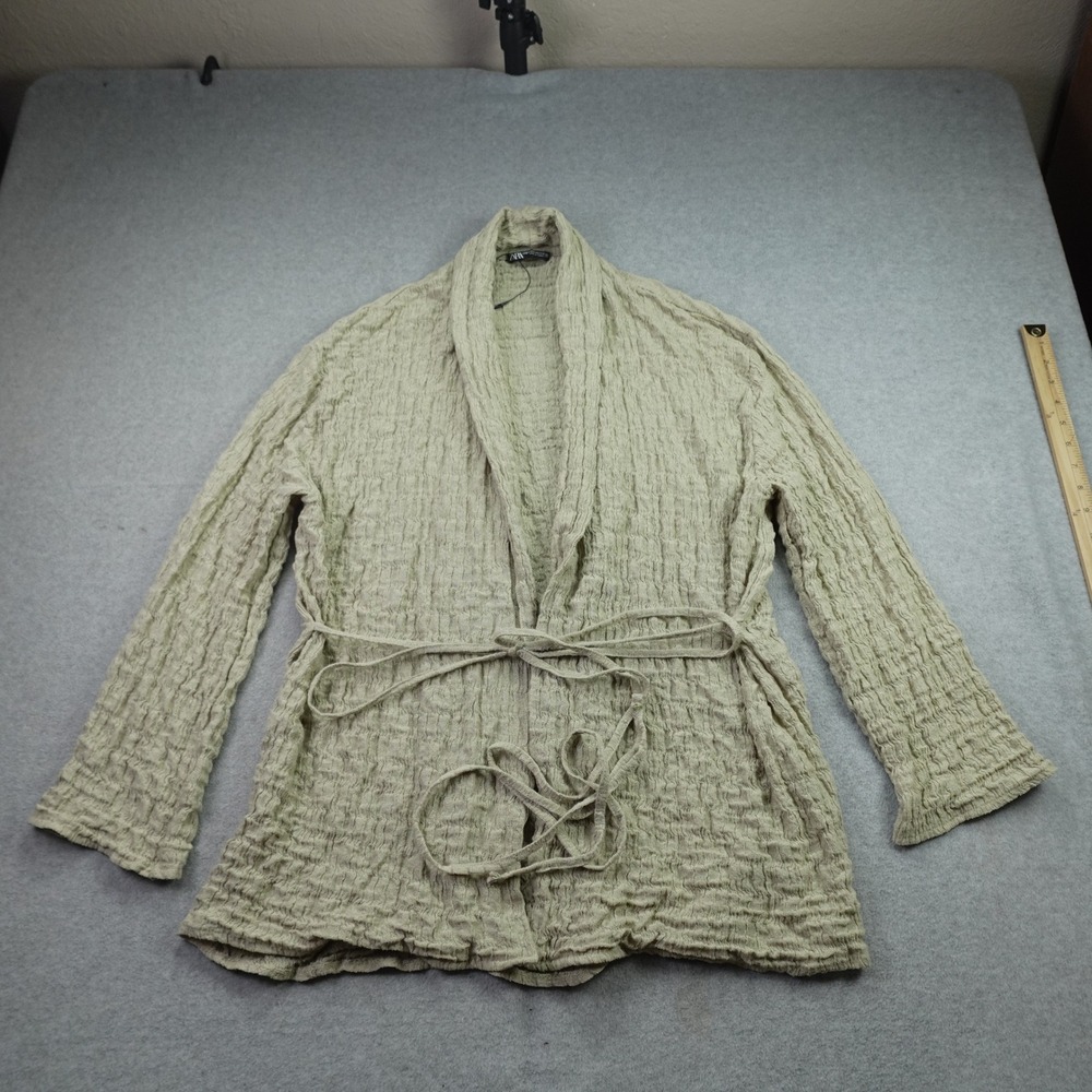 Zara Cardigan Womens XS-S Sage Green Textured Tie Waist Open Front Crinkled